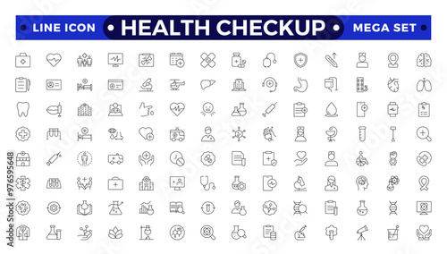 Health checkup line icon set with health care, institution, patient, science, medical equipment, general and emergency department.Medical care patient diagnosis icon collection.