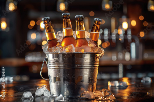 Beer bottles and ice cubes in an iron barrel