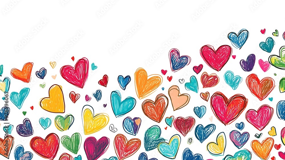 Bright, hand-drawn hearts in various colors and sizes scattered across a white background, creating a playful and vibrant pattern with space at the bottom for text Bright, hand-drawn hearts in various colors and sizes scattered across a white background, creating a playful and vibrant pattern with space at the bottom for text