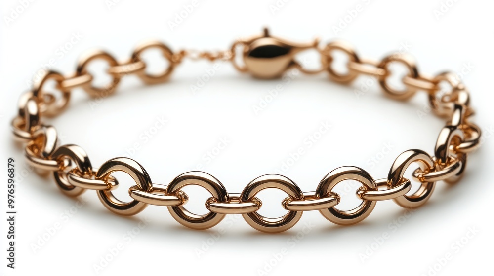 A stylish rose gold bracelet featuring interlocking circular links. A stylish rose gold bracelet featuring interlocking circular links.
