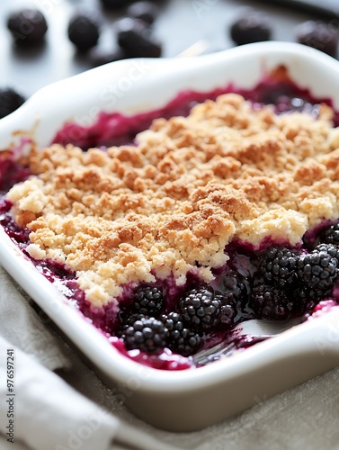 A close-up of a freshly baked blackberry cobbler in a white baking dish with a fork sticking out of it. photo