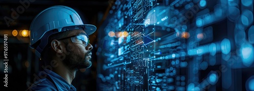 A digital collage of industrial designs and sketches, with an engineer in the foreground wearing a hard hat looking at holographic projections of buildings or machinery