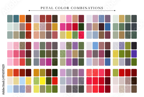 Petal color palette. Trend color palette guide template. Fit for fashion designers, business, and paints colors company. Match combinations. Vector graphics. Eps 10.