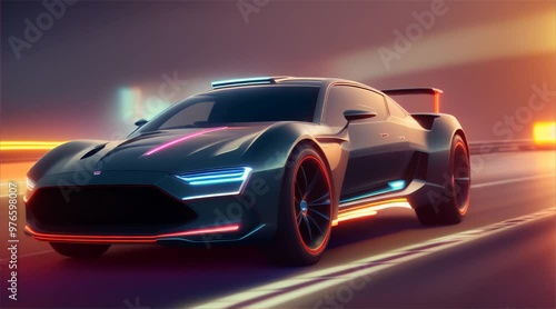 Wallpaper Mural Sports car driving on asphalt road in beautiful city background. 3d rendering and illustration Torontodigital.ca