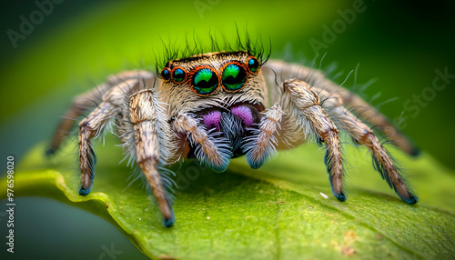 A macro close-up of a jumping spider with vibrant blue, green and purple markings. photo