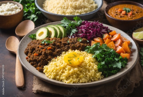 Colorful Rice Bowl with Vegetables and Spices