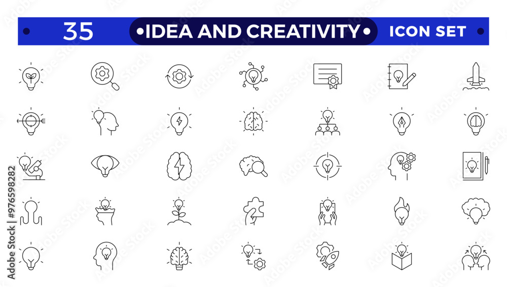 Idea and creativity outline icon set. Innovation icon set. Containing creativity, invention, prototype, visionary, idea generation, agile, revolution and more. Thin line vector icons collection. Idea and creativity outline icon set. Innovation icon set. Containing creativity, invention, prototype, visionary, idea generation, agile, revolution and more. Thin line vector icons collection.