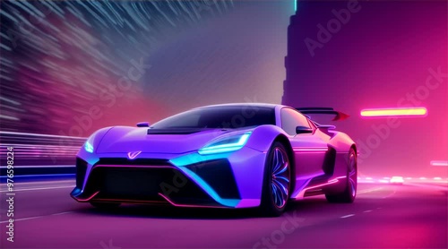 Wallpaper Mural Sports car driving on asphalt road in beautiful city background. 3d rendering and illustration Torontodigital.ca