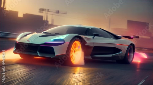 Wallpaper Mural Sports car driving on asphalt road in beautiful city background. 3d rendering and illustration Torontodigital.ca