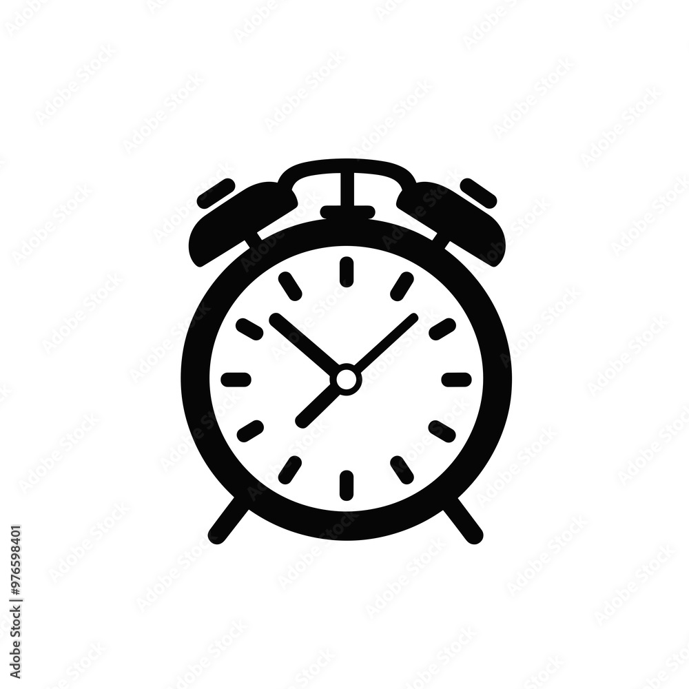 This black alarm clock icon features prominent bells and clock hands, representing the importance of timekeeping and organization in daily life This black alarm clock icon features prominent bells and clock hands, representing the importance of timekeeping and organization in daily life