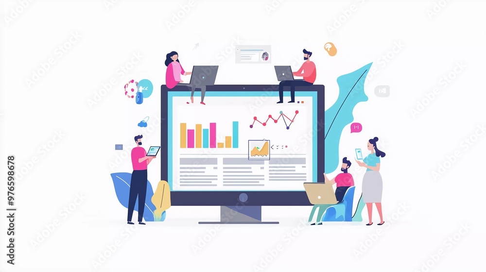 Digital marketing strategy team. Content manager. Nice flat cartoon character graphic design Digital marketing strategy team. Content manager. Nice flat cartoon character graphic design