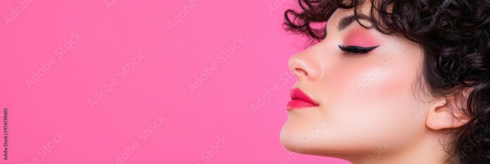 A woman in profile wearing vibrant eyeshadow and lipstick, set against a vibrant pink background, highlighting bold beauty and modern cosmetics trends. A woman in profile wearing vibrant eyeshadow and lipstick, set against a vibrant pink background, highlighting bold beauty and modern cosmetics trends.