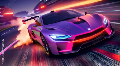 Wallpaper Mural Sports car driving on asphalt road in beautiful city background. 3d rendering and illustration Torontodigital.ca