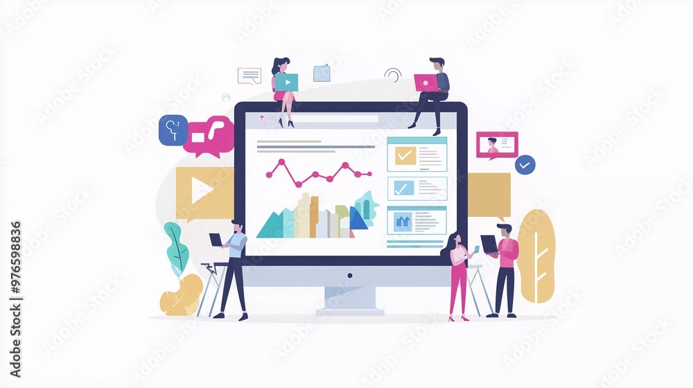 Digital marketing strategy team. Content manager. Nice flat cartoon character graphic design Digital marketing strategy team. Content manager. Nice flat cartoon character graphic design