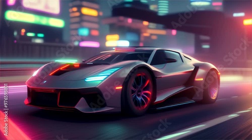 Wallpaper Mural Sports car driving on asphalt road in beautiful city background. 3d rendering and illustration Torontodigital.ca