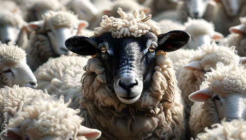 Dominant black sheep stands proudly at the forefront of a flock, asserting leadership amid a sea of white woolly companions photo