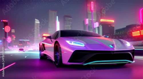 Wallpaper Mural Sports car driving on asphalt road in beautiful city background. 3d rendering and illustration Torontodigital.ca