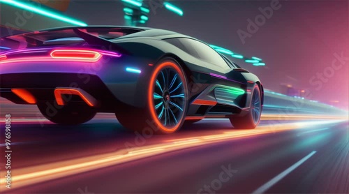 Wallpaper Mural Sports car driving on asphalt road in beautiful city background. 3d rendering and illustration Torontodigital.ca