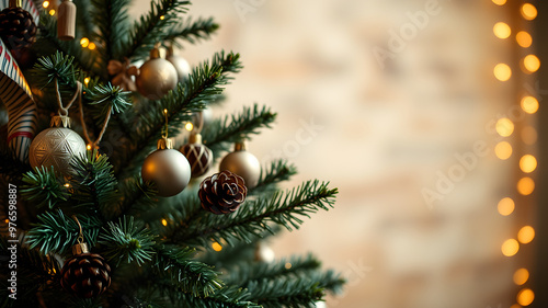 Rustic Christmas tree backdrop with earthy tones and natural holiday decorations