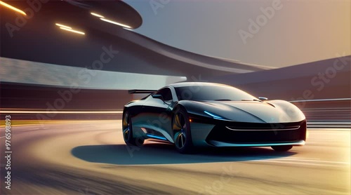 Wallpaper Mural Sports car driving on asphalt road in beautiful city background. 3d rendering and illustration Torontodigital.ca