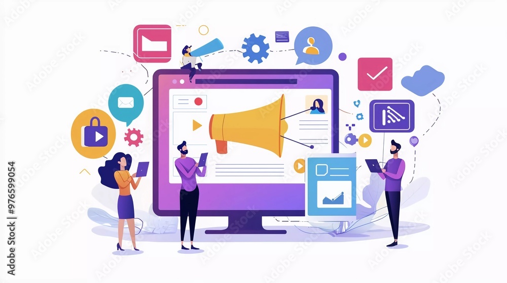 Digital marketing strategy team. Content manager. Nice flat cartoon character graphic design Digital marketing strategy team. Content manager. Nice flat cartoon character graphic design
