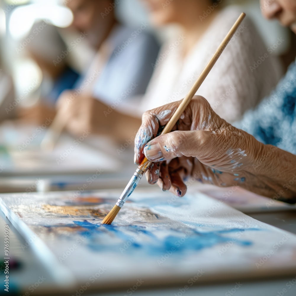 Obraz premium Close-up of senior hand painting vibrant artwork
