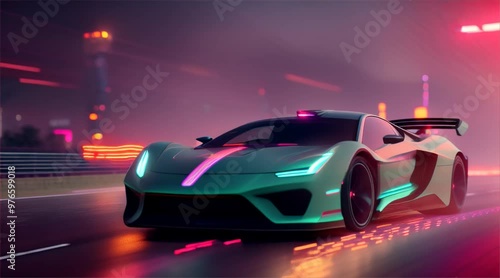 Wallpaper Mural Sports car driving on asphalt road in beautiful city background. 3d rendering and illustration Torontodigital.ca