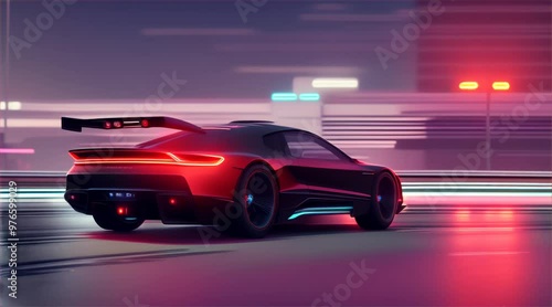 Wallpaper Mural Sports car driving on asphalt road in beautiful city background. 3d rendering and illustration Torontodigital.ca