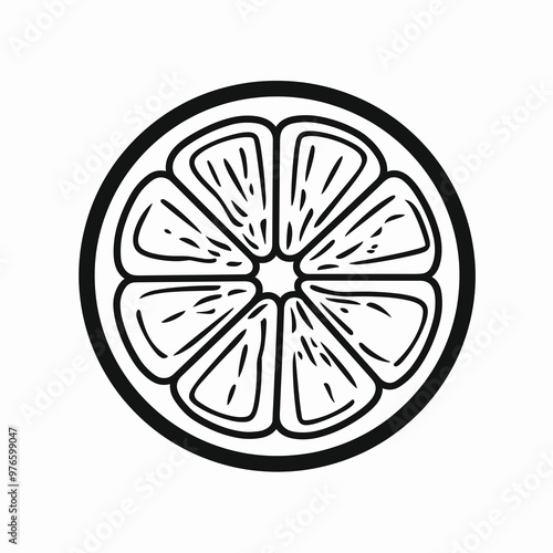 A detailed outline of a lemon, highlighting its segmented interior with seeds, rendered in bold black and white. Ideal for culinary uses or graphic designs