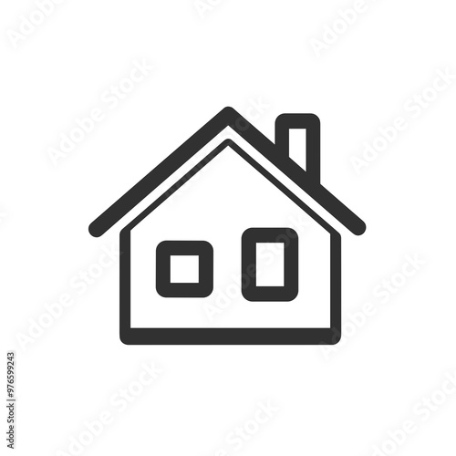 A minimalist representation of a house featuring a chimney and two windows, suitable for use in websites or mobile applications to symbolize home or shelter