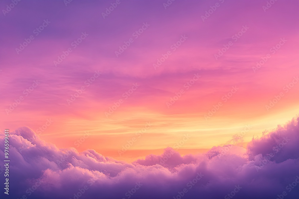 Obraz premium sunset cloudscape Panoramic with rich purple and pink tones blending into orange at horizon, tranquil evening sky view, natural dusk setting, soft wispy cloud formation, twilight backdrop, ai