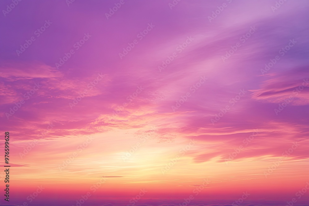 Obraz premium sunset cloudscape Panoramic with rich purple and pink tones blending into orange at horizon, tranquil evening sky view, natural dusk setting, soft wispy cloud formation, twilight backdrop, ai
