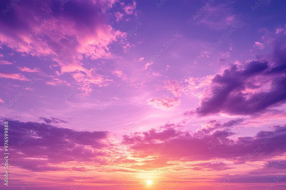 Fototapeta premium sunset cloudscape Panoramic with rich purple and pink tones blending into orange at horizon, tranquil evening sky view, natural dusk setting, soft wispy cloud formation, twilight backdrop, ai