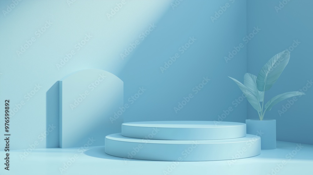 A minimalist blue interior featuring circular steps, soft lighting, and a green plant in a modern pot for a serene ambiance. A minimalist blue interior featuring circular steps, soft lighting, and a green plant in a modern pot for a serene ambiance.