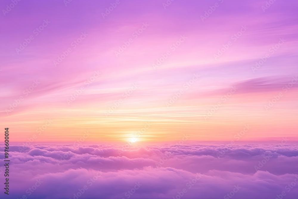 Fototapeta premium sunset cloudscape Panoramic with rich purple and pink tones blending into orange at horizon, tranquil evening sky view, natural dusk setting, soft wispy cloud formation, twilight backdrop, ai