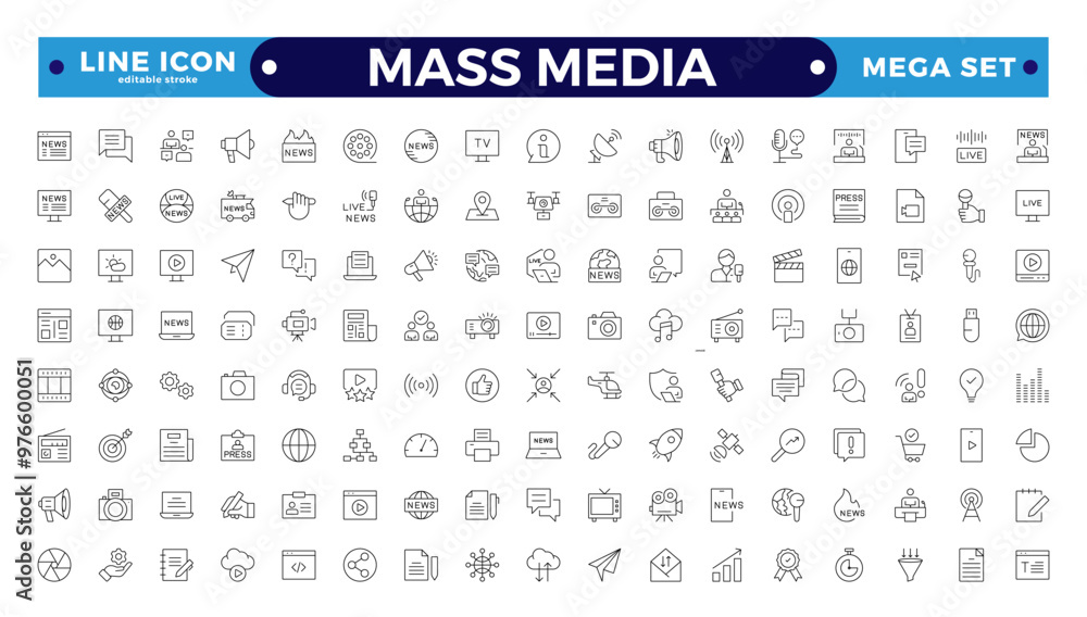 Set of Outline icons news, mass media, and fake news. Outline symbol collection. related to social networks, public media, journalism, communication, and networking. Editable stroke outline icon.
Set of Outline icons news, mass media, and fake news. Outline symbol collection. related to social networks, public media, journalism, communication, and networking. Editable stroke outline icon.
