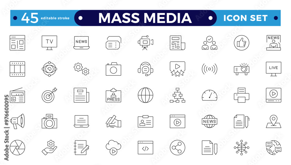 Set of Outline icons news, mass media, and fake news. Outline symbol collection. related to social networks, public media, journalism, communication, and networking. Editable stroke outline icon.
Set of Outline icons news, mass media, and fake news. Outline symbol collection. related to social networks, public media, journalism, communication, and networking. Editable stroke outline icon.