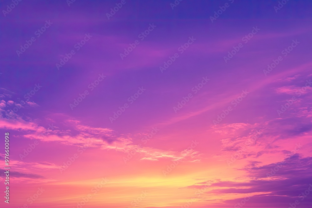 Fototapeta premium sunset cloudscape Panoramic with rich purple and pink tones blending into orange at horizon, tranquil evening sky view, natural dusk setting, soft wispy cloud formation, twilight backdrop, ai