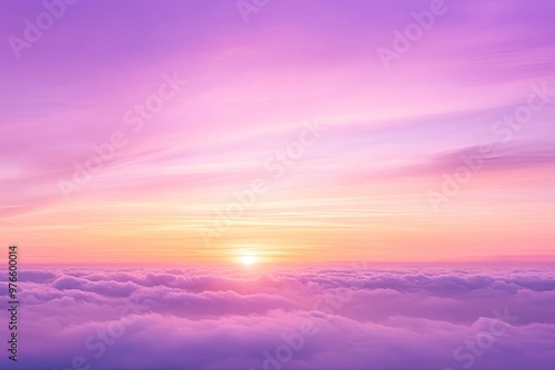 sunset cloudscape Panoramic with rich purple and pink tones blending into orange at horizon, tranquil evening sky view, natural dusk setting, soft wispy cloud formation, twilight backdrop, ai