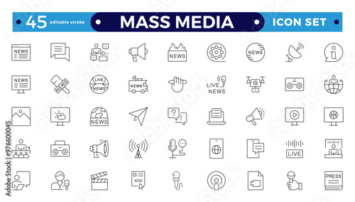 Set of Outline icons news, mass media, and fake news. Outline symbol collection. related to social networks, public media, journalism, communication, and networking. Editable stroke outline icon. 
