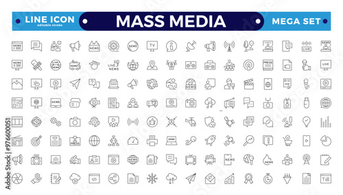 Set of Outline icons news, mass media, and fake news. Outline symbol collection. related to social networks, public media, journalism, communication, and networking. Editable stroke outline icon. 
