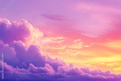sunset cloudscape Panoramic with rich purple and pink tones blending into orange at horizon, tranquil evening sky view, natural dusk setting, soft wispy cloud formation, twilight backdrop, ai