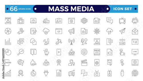 Set of Outline icons news, mass media, and fake news. Outline symbol collection. related to social networks, public media, journalism, communication, and networking. Editable stroke outline icon. 
