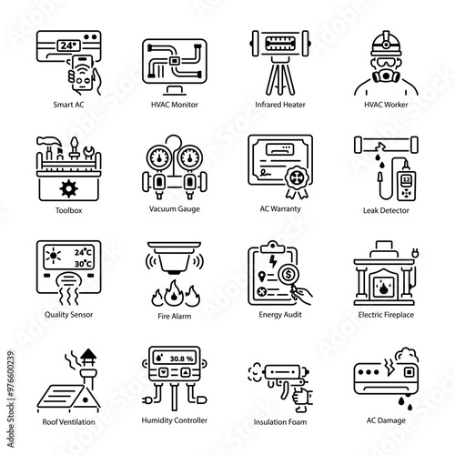 Collection of HVAC Devices Linear Icons 

