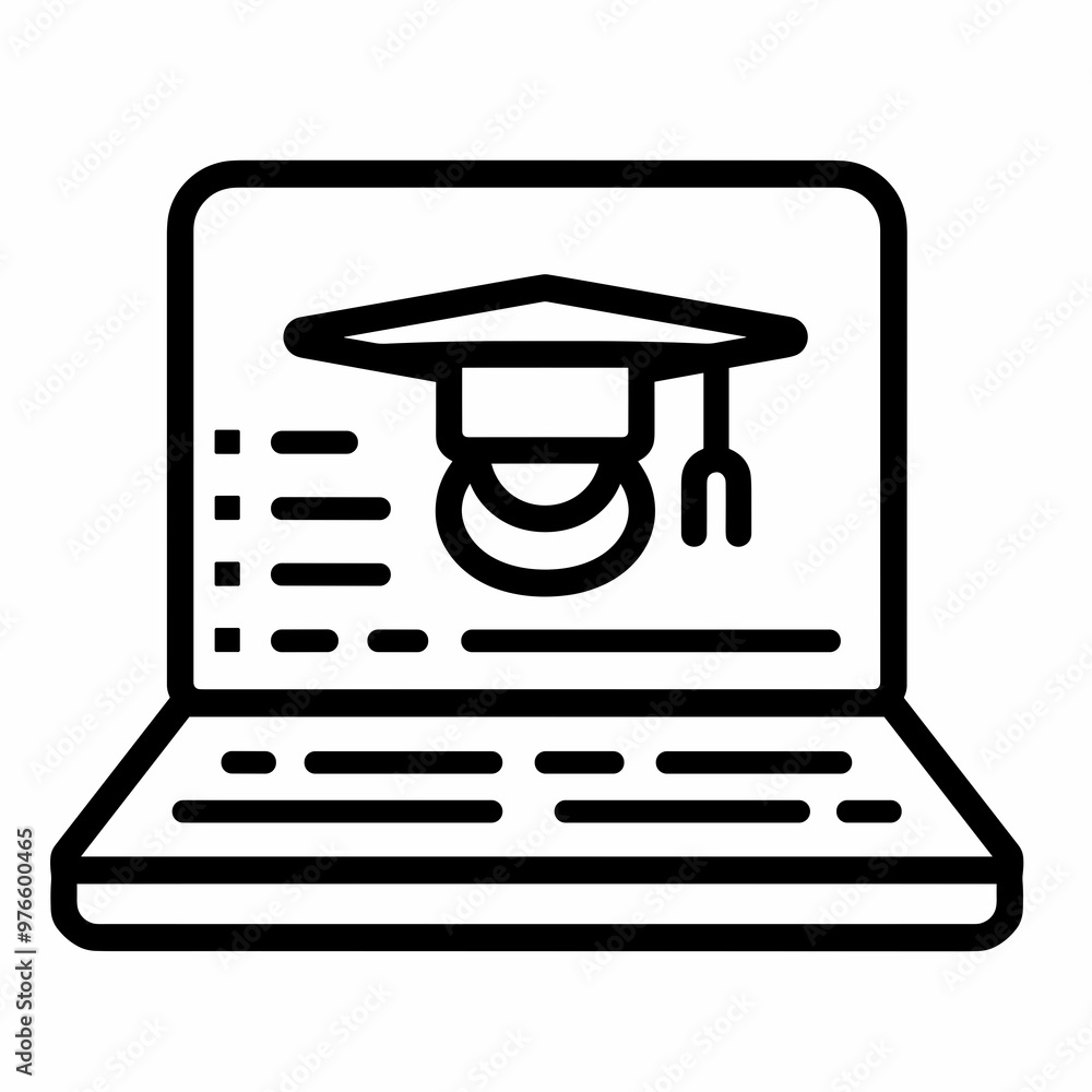 This icon illustrates the concept of online education, showcasing a graduation cap resting on a laptop, symbolizing digital learning and knowledge acquisition This icon illustrates the concept of online education, showcasing a graduation cap resting on a laptop, symbolizing digital learning and knowledge acquisition