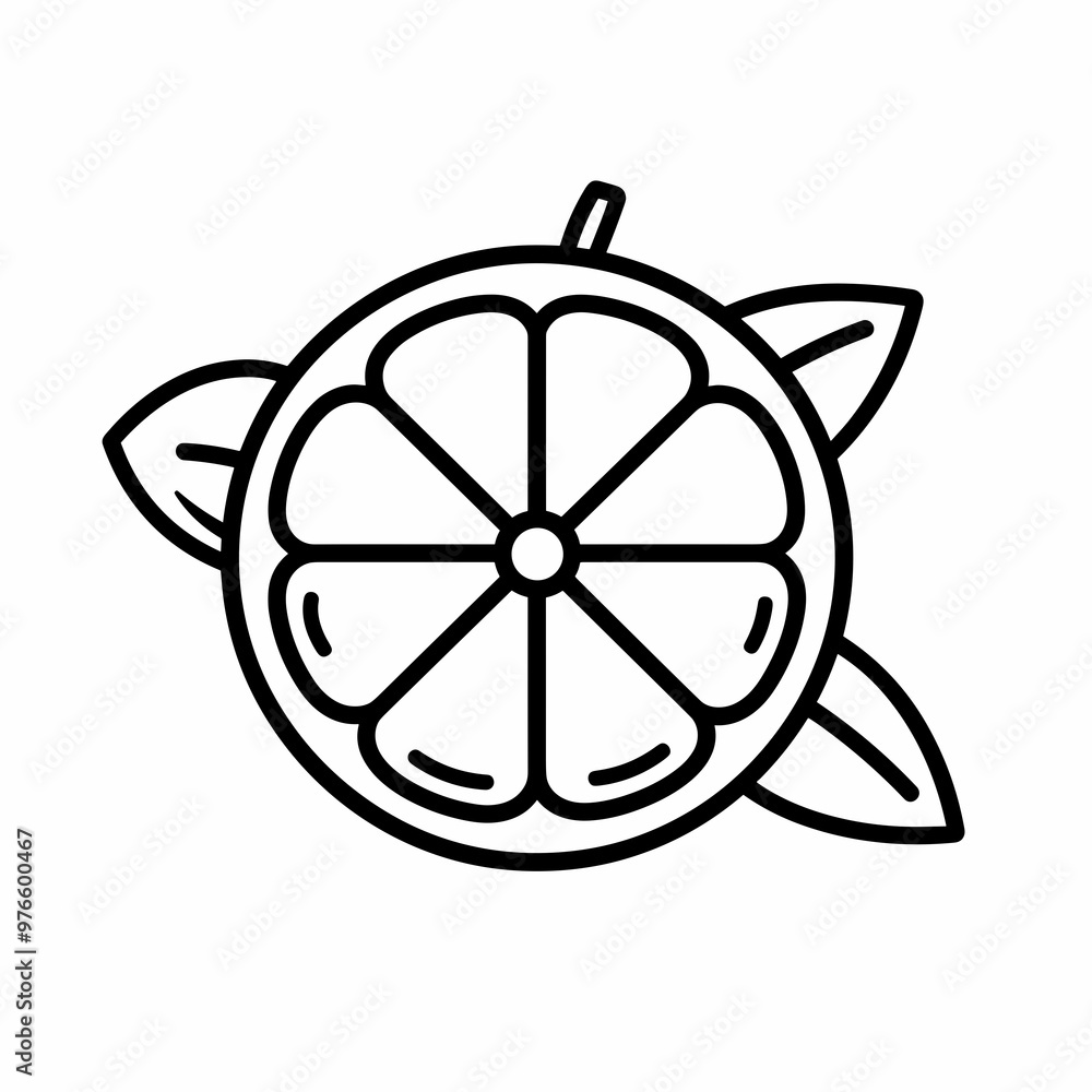 The artwork features a round citrus fruit, sliced to reveal its sectioned interior, complemented by two green leaves for a fresh look The artwork features a round citrus fruit, sliced to reveal its sectioned interior, complemented by two green leaves for a fresh look