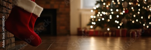 A festive scene with a red Christmas stocking hanging on a brick fireplace, with a beautifully lit and decorated Christmas tree in the background, evoking holiday warmth and joy. photo