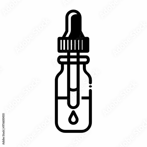 The illustration depicts a dropper bottle, showcasing a drop of liquid at the tip. It represents precision and is commonly used in laboratories and pharmacies