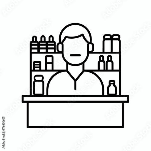 A shopkeeper is positioned behind a retail counter, surrounded by neatly arranged bottles and products on shelves, displayed in a clean design