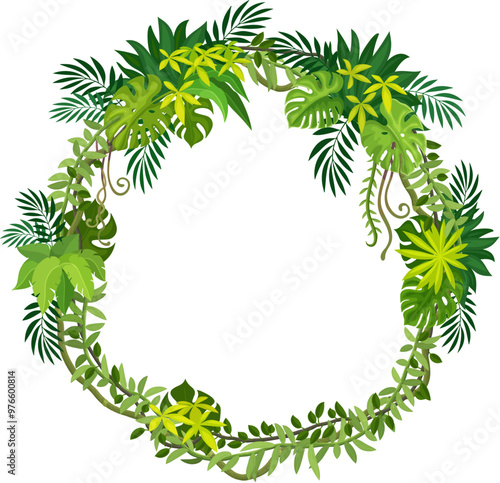 Tropical jungle round frame with forest liana branch and leaves. Cartoon vector round border with intertwined vines. Empty photo frame template or game menu gui element with rainforest foliage plants